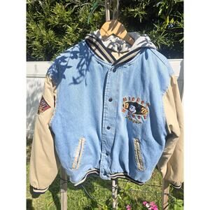 Vintage Disney Mickey 1928 League Denim Bomber Varsity Hooded Jacket Sz Medium?